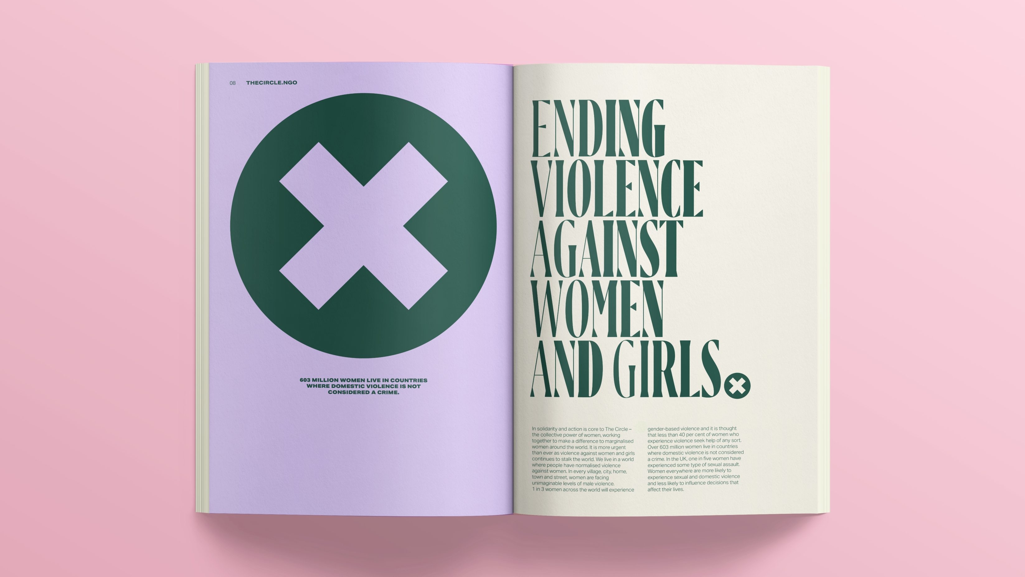 A book opened to a double spread article with the title 'Ending Violence Against Women and Girls'. The full stop in this has been replaced with a large cross within a green circle.