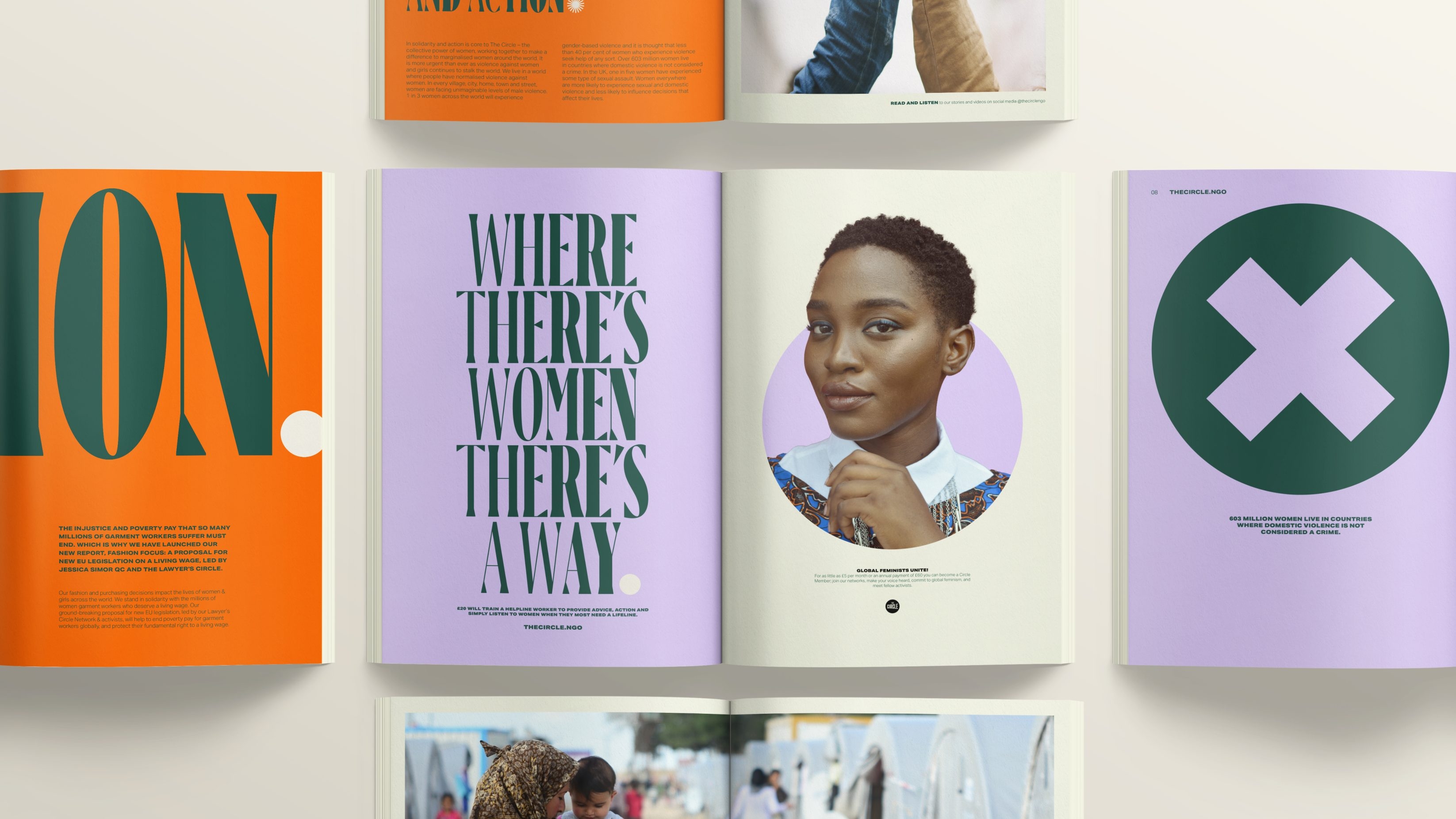 A selection of books open to a double spread of The Circle's branding. The left page reads 'where there's women there's a way' in the brand's now characteristic font-weights and the right page is of a black woman with short hair and blue eyeliner wearing a modern take on traditional dress looking confident and inquisitive.