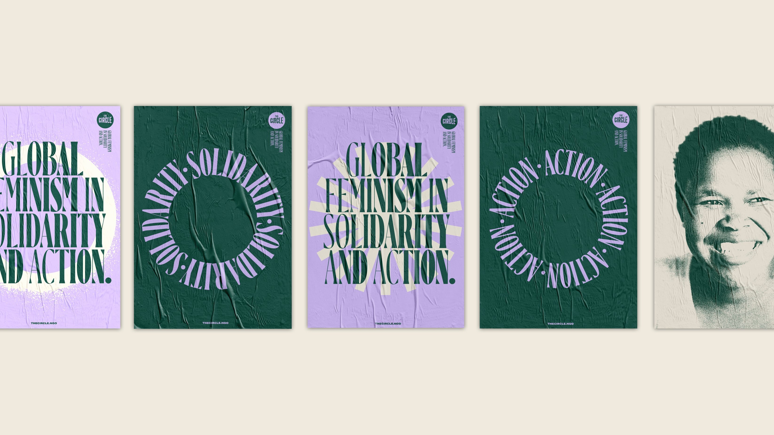 A series of posters emphasising the importance of solidarity and action for global feminism in bold contrasting colours of lilac and dark green.