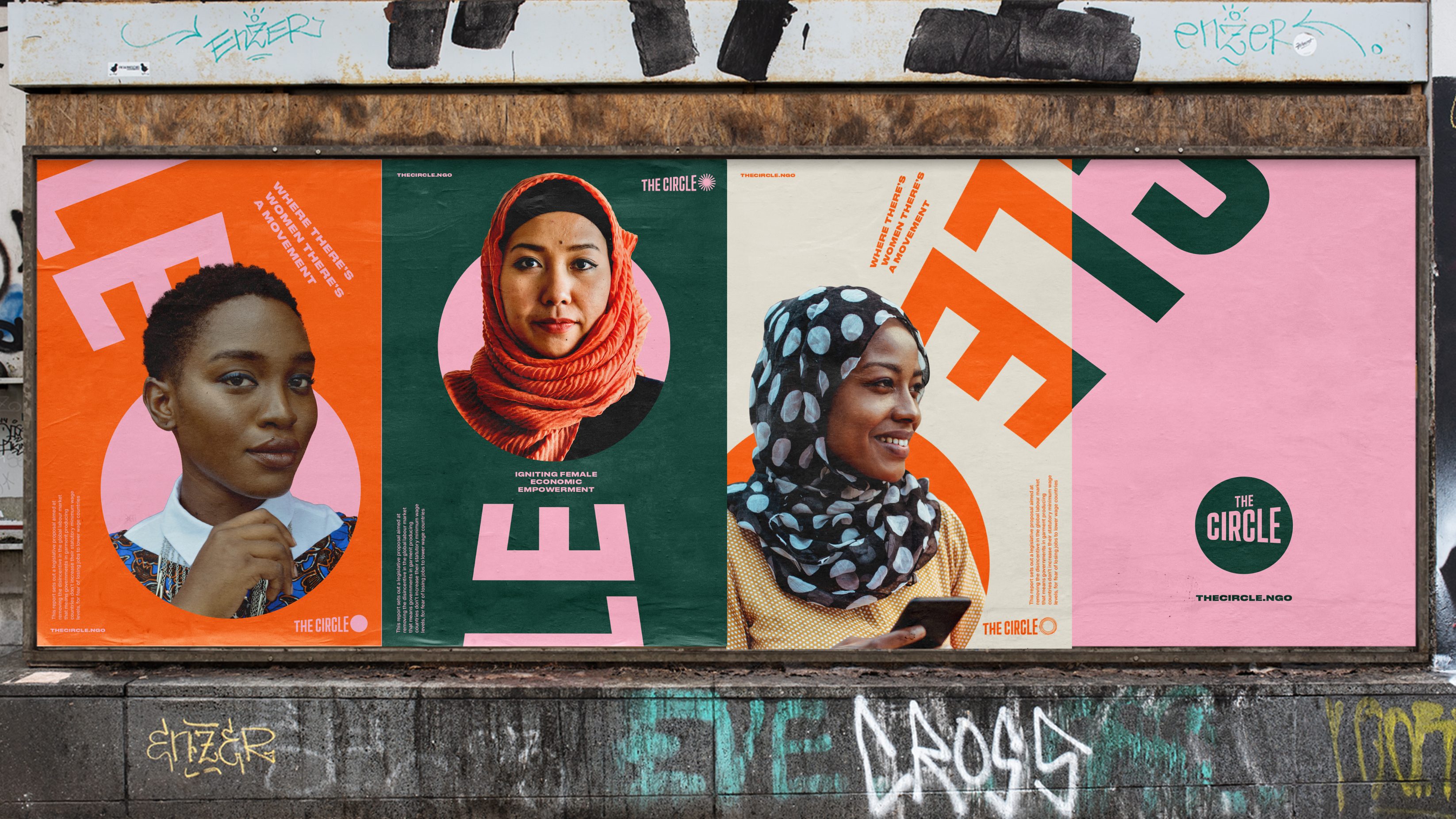 A set of four posters creating a billboard, three of which with an off-centre use of an exclamation mark made up of the word 'Circle'. The point of each exclamation mark has been used as a background for a woman of colour, all three wearing bright, modern and modest clothing, two of which are also wearing headscarves. 