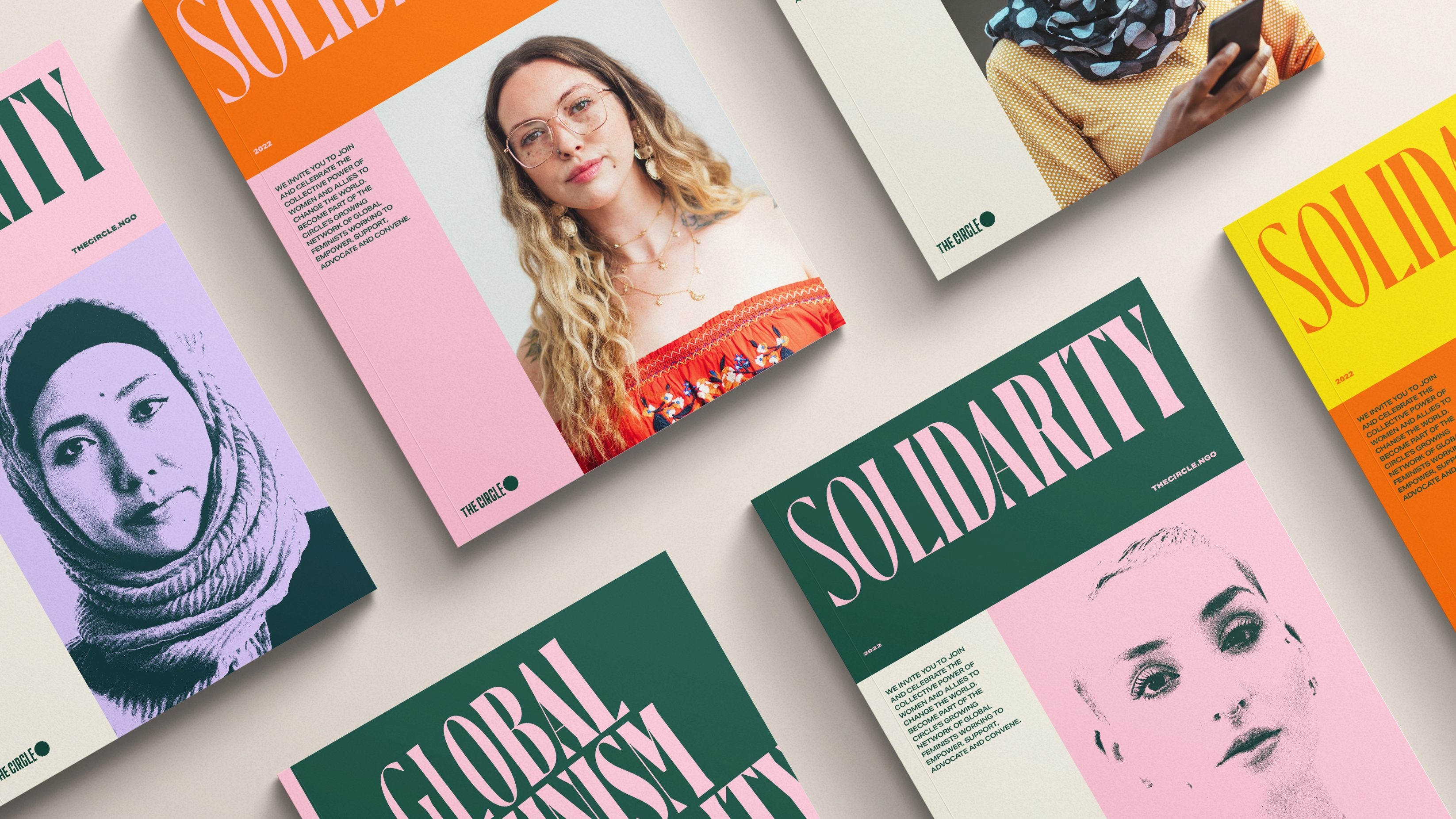 A range of The Circle branded book covers focusing on a large amplified font-style and portraits of women from a diverse range of backgrounds