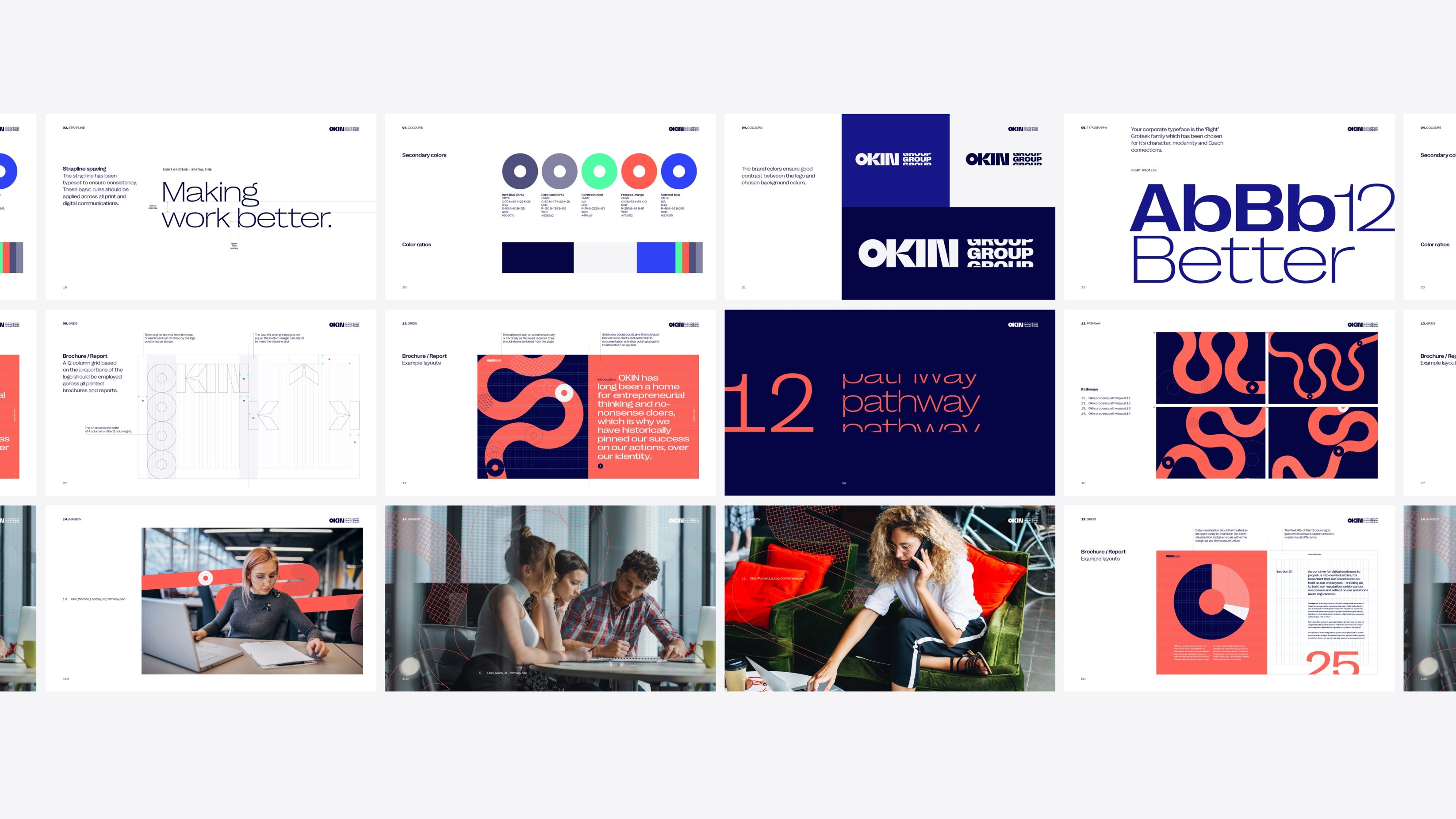 A montage of brand guidelines pages.