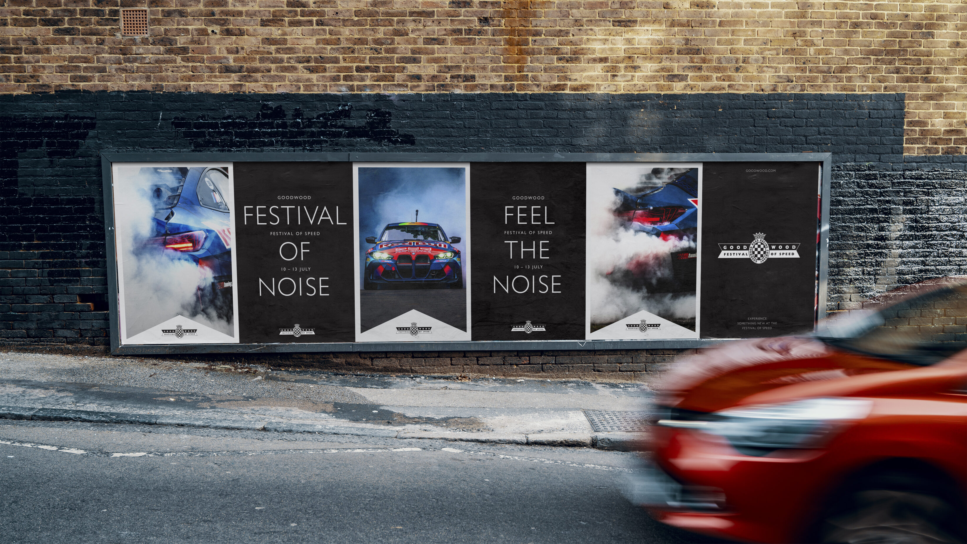 Set of six posters promoting the Festival of Noise theme, using car images and large type.