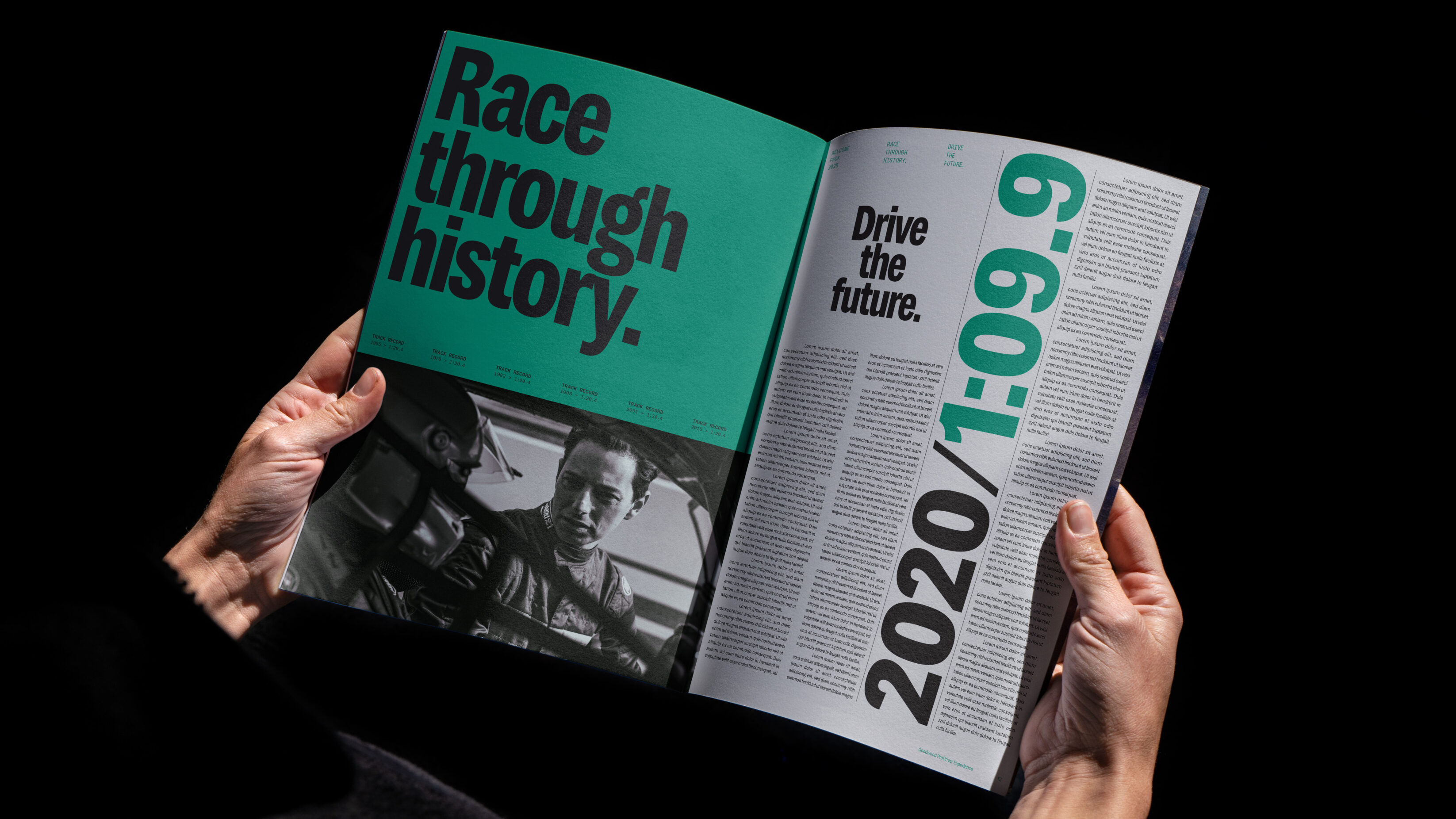 Designed brochure showing the Race Through History brand message.