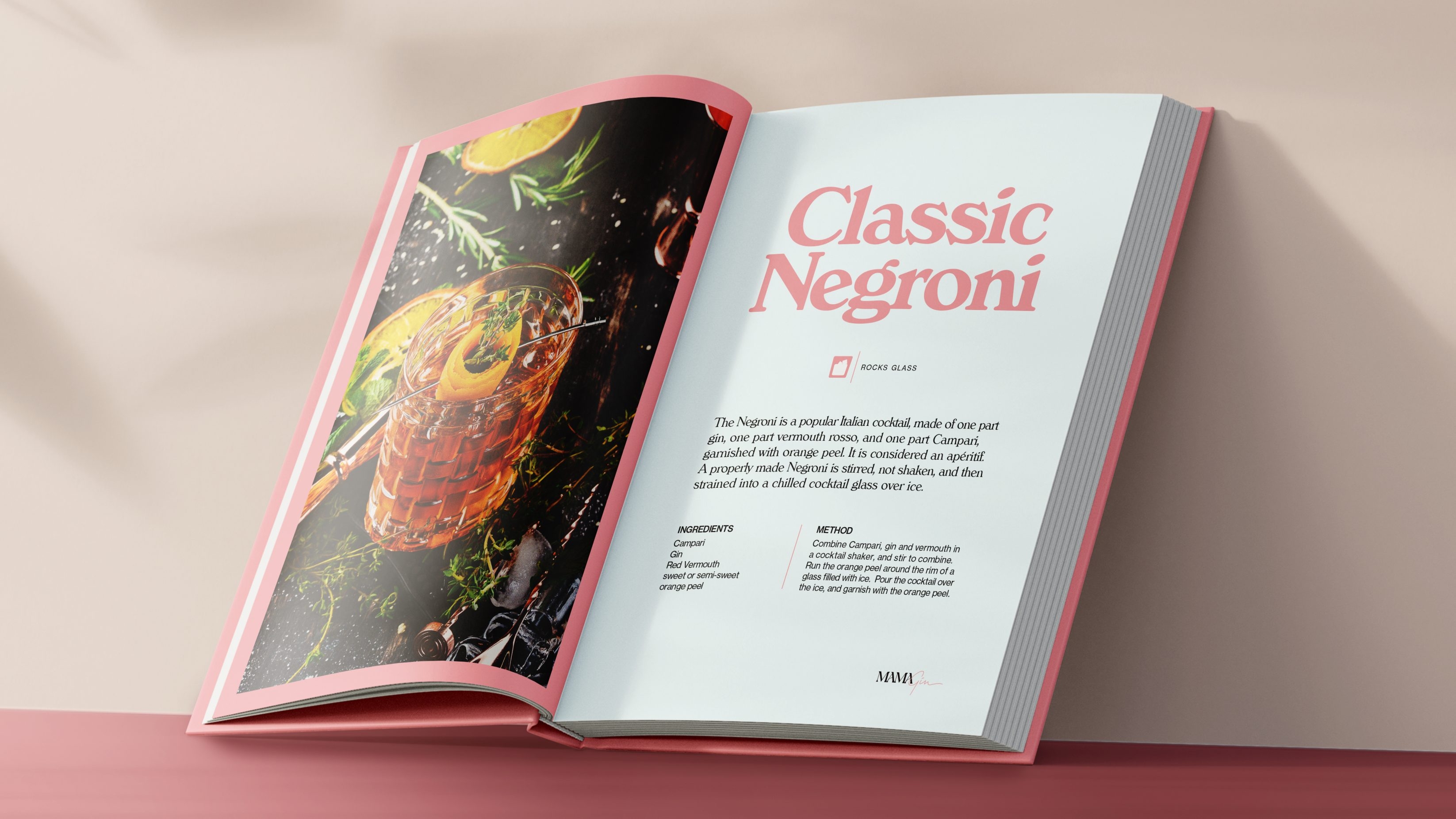 An open recipe book detailing the very best way to make a classic negroni