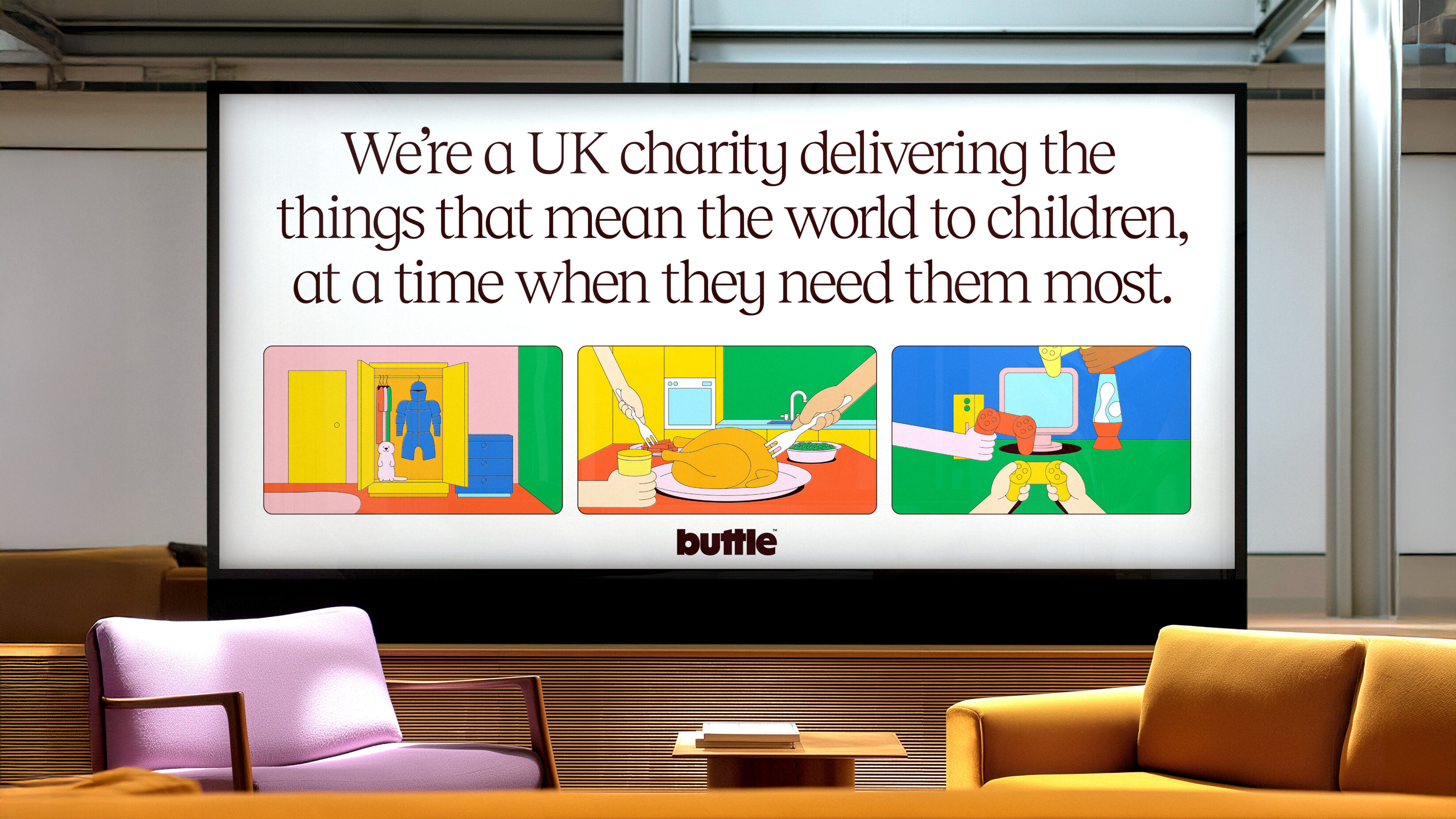 Large digital screen in a reception area, explaing about what Buttle does as a charity.