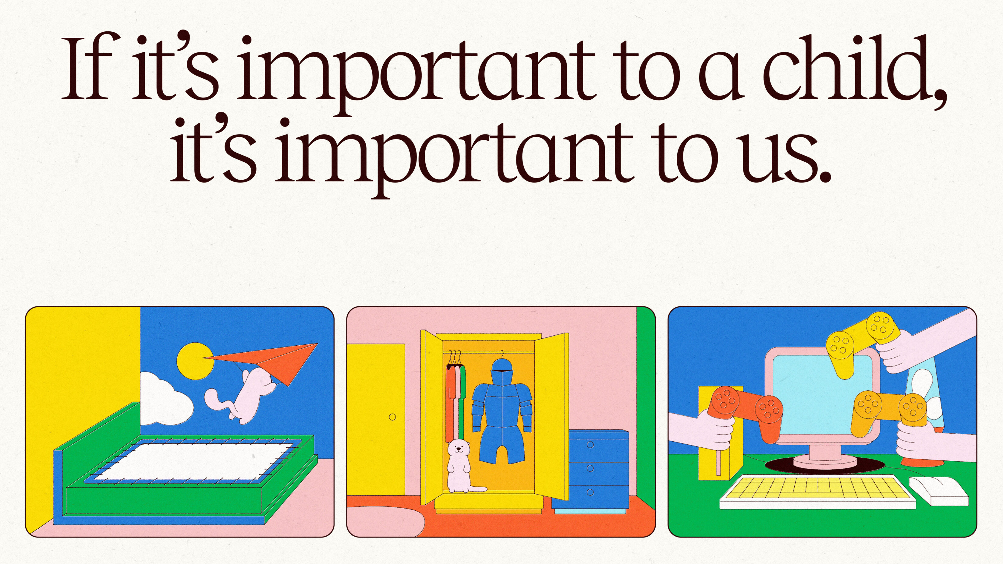 Brand messaging and three colourful illustrations.