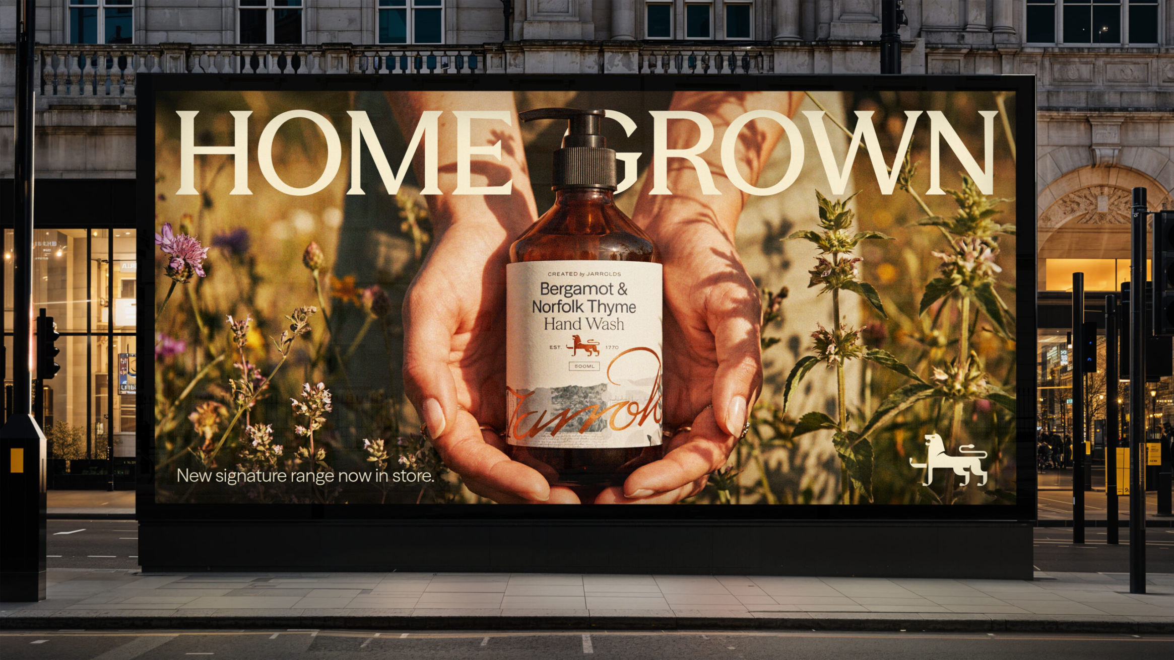 Billboard with the Bergamot & Norfolk Thyme product mage and large wording 'Homegrown' behind it.