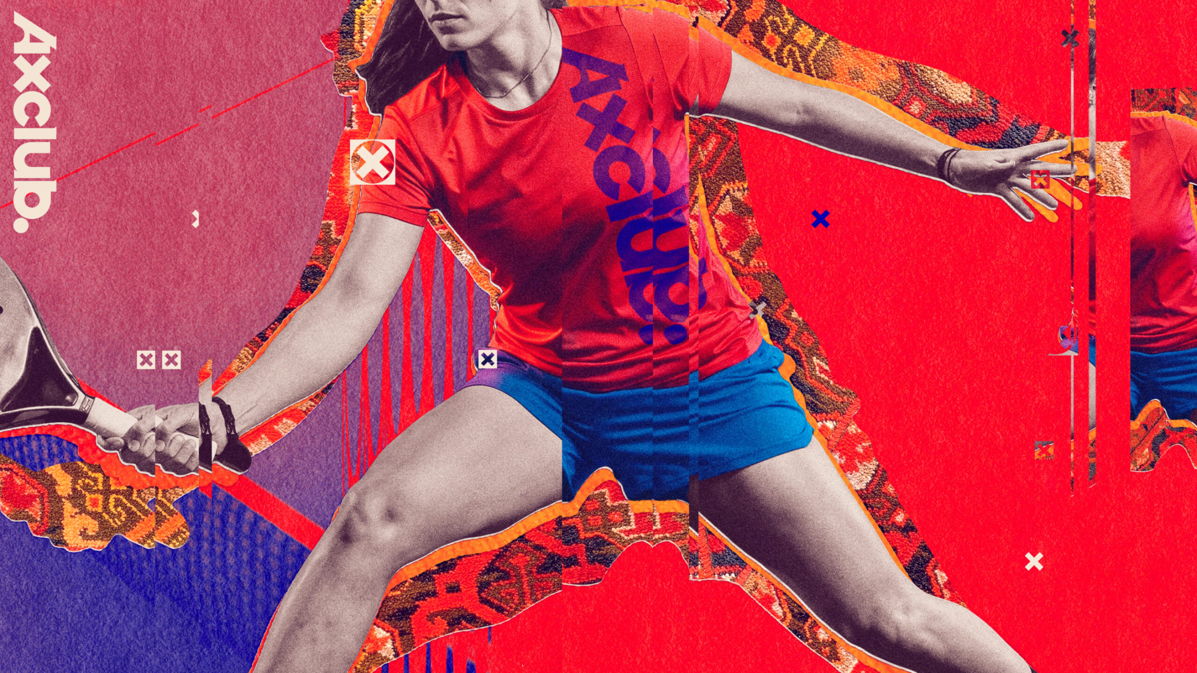 Stylised graphic visualisation of a woman playing padel, using a photograph of a woman in an red AxClub t-shirt.